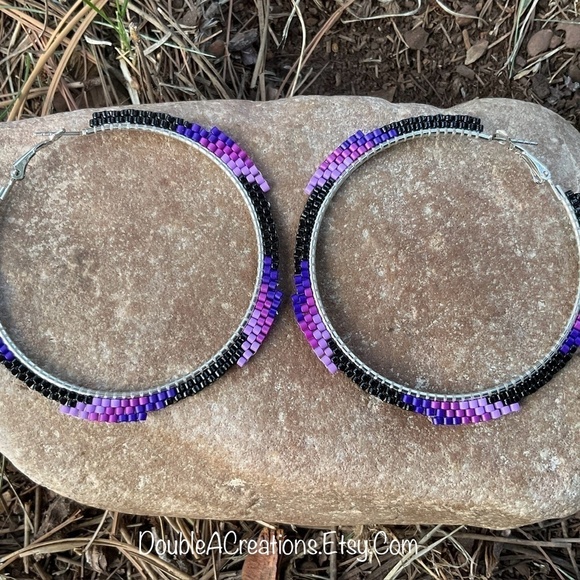 Purple Wave Beaded Hoops, New, Handmade by Me - Picture 4 of 8